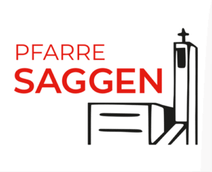 Lings oben Rotes Logo der Pfarre Saggen, rechts die Parrkirche in schwarz