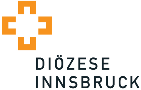 schwarzer Schriftzug Diözese Innsbruck, rechts darüber orangen Logo - Kruez